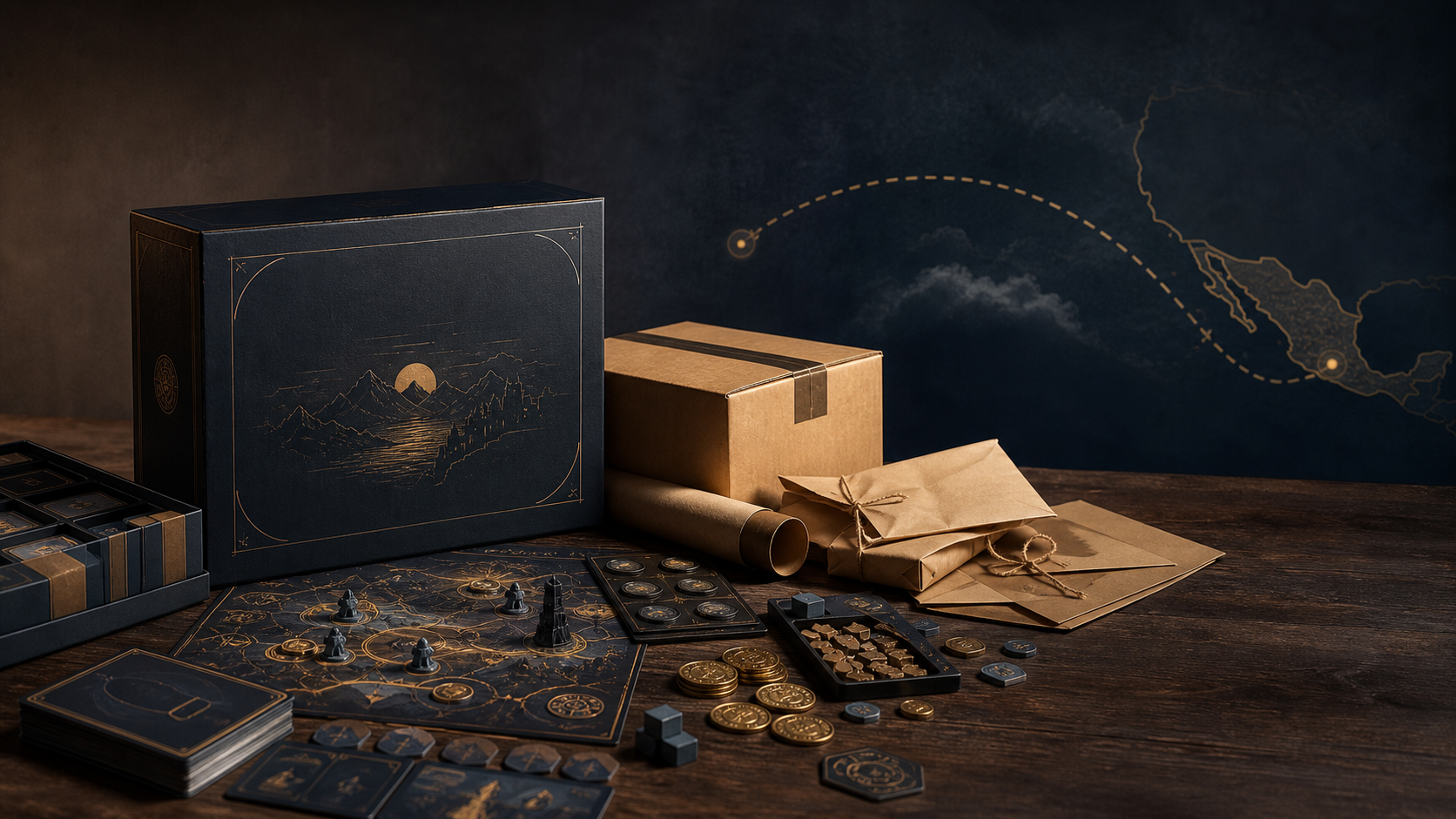 Edición de crowdfunding de juego de mesa junto a un paquete y una ruta de importación hacia México.