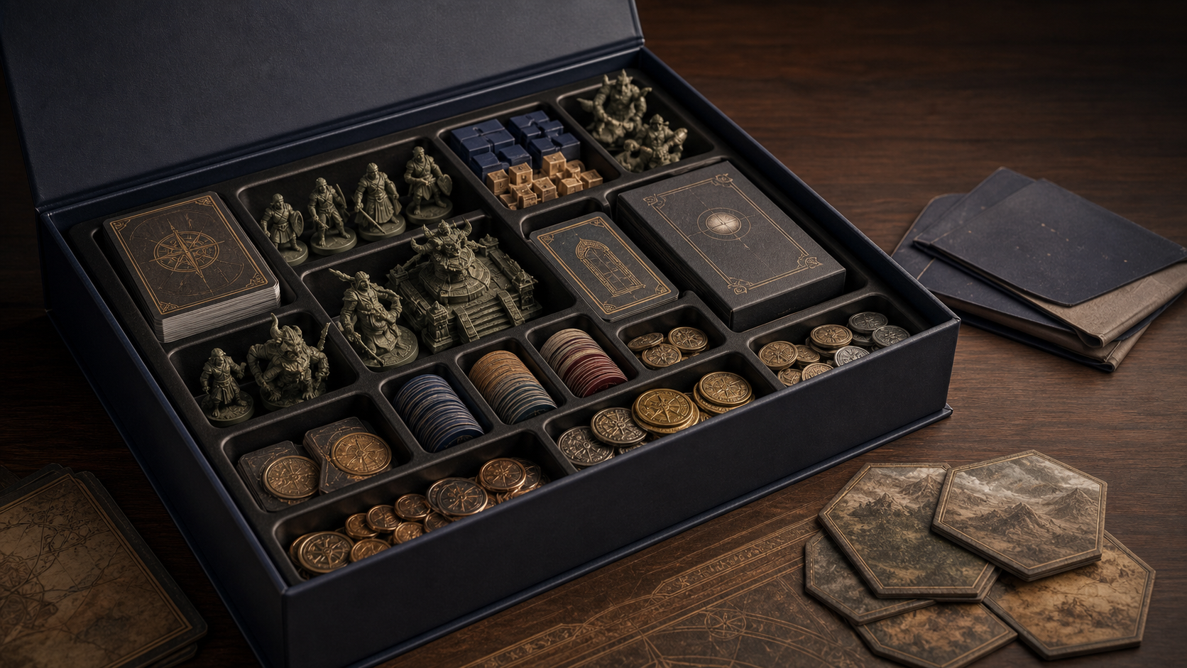 Caja abierta de edición coleccionista con miniaturas, cartas, fichas y monedas organizadas.