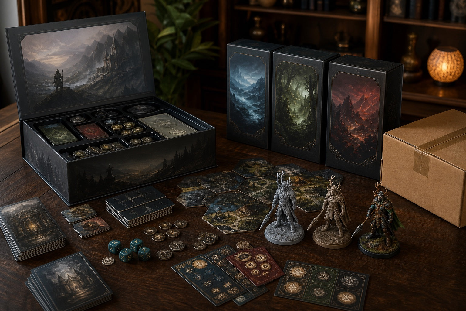 Juego de mesa de crowdfunding con caja base, expansiones, componentes y miniaturas con distintos acabados