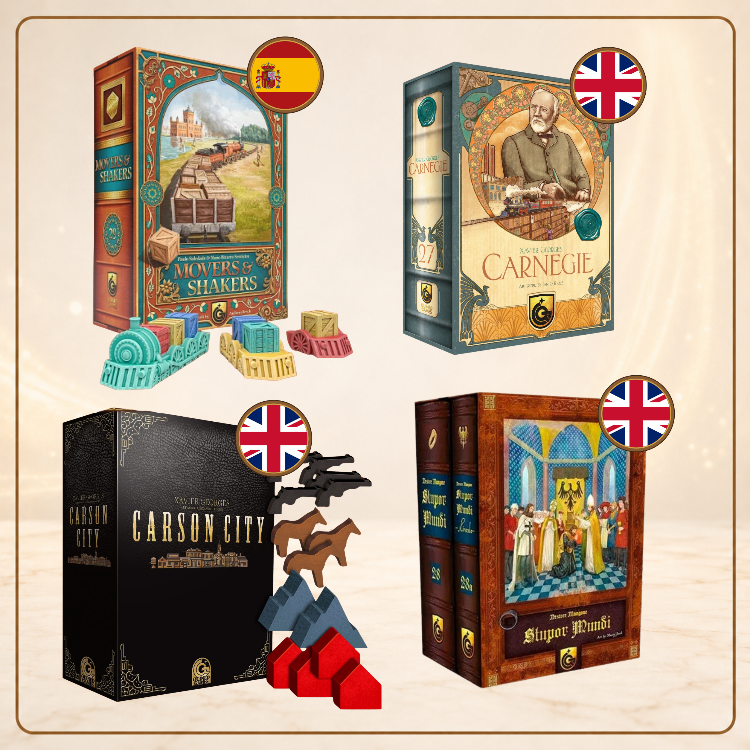 Cajas y componentes de Movers & Shakers, Carnegie, Carson City y Stupor Mundi