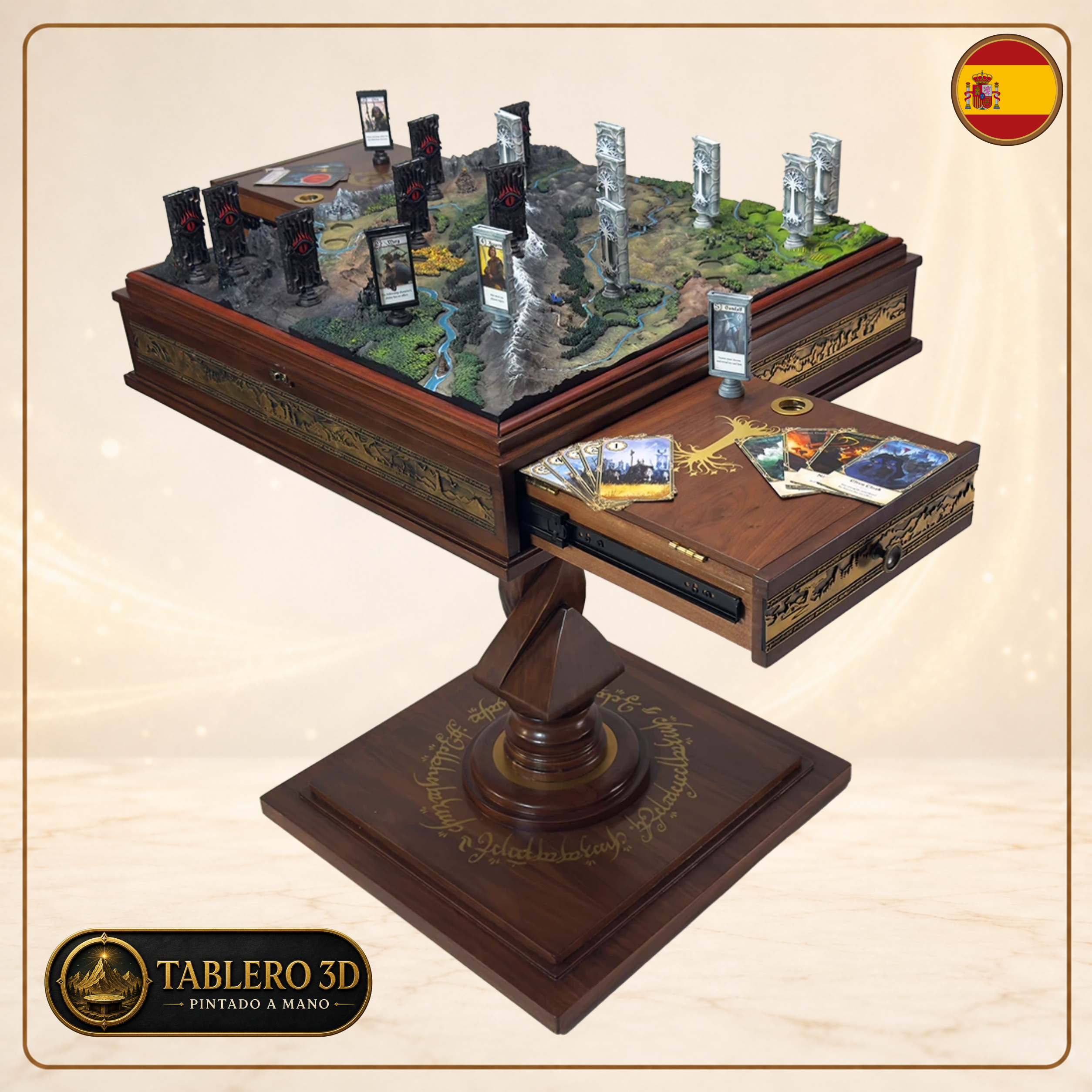 Mesa pedestal con tablero tridimensional y cartas de The Lord of the Rings: The Confrontation