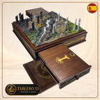 Tablero tridimensional desplegado sobre mesa pedestal de The Lord of the Rings: The Confrontation