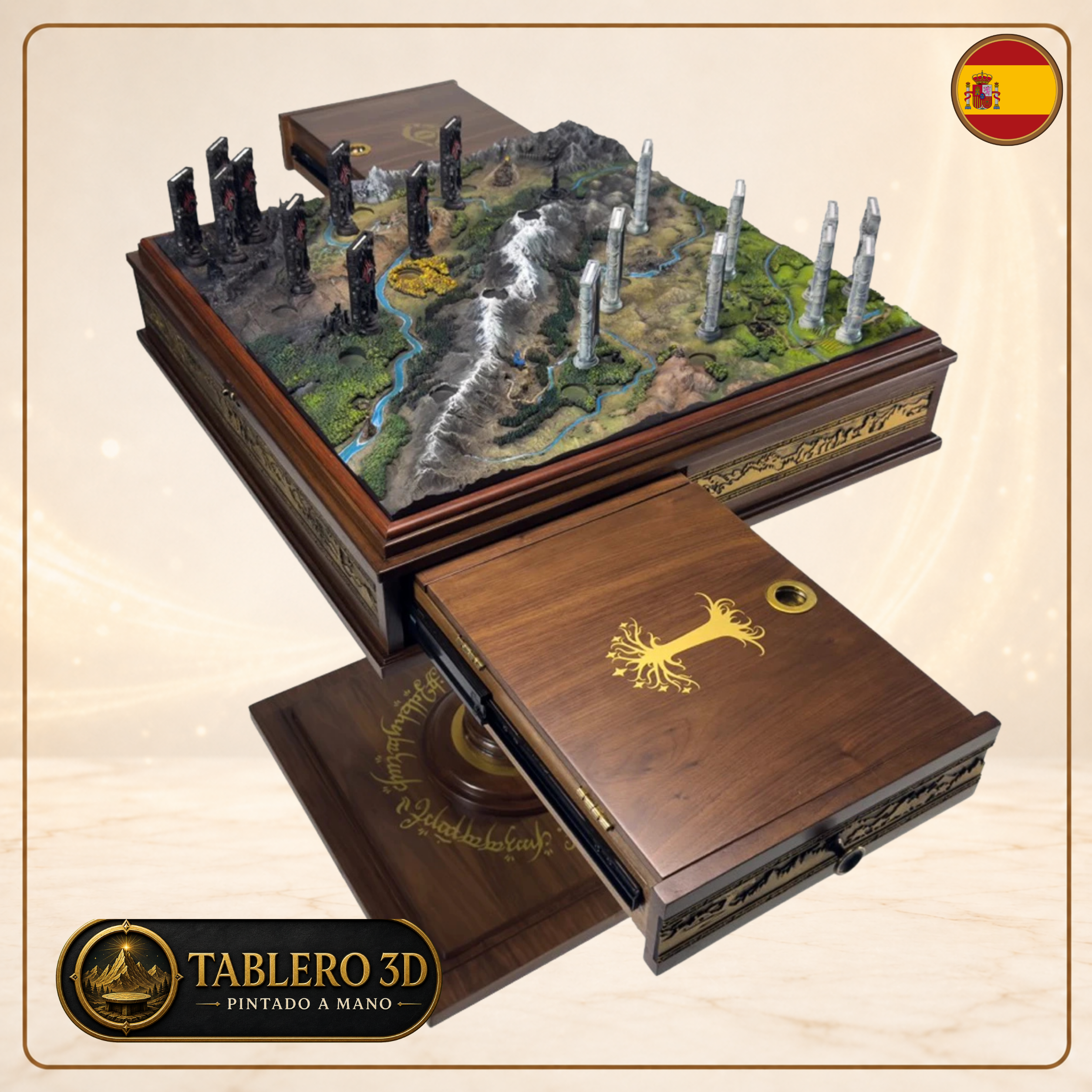 Tablero tridimensional desplegado sobre mesa pedestal de The Lord of the Rings: The Confrontation