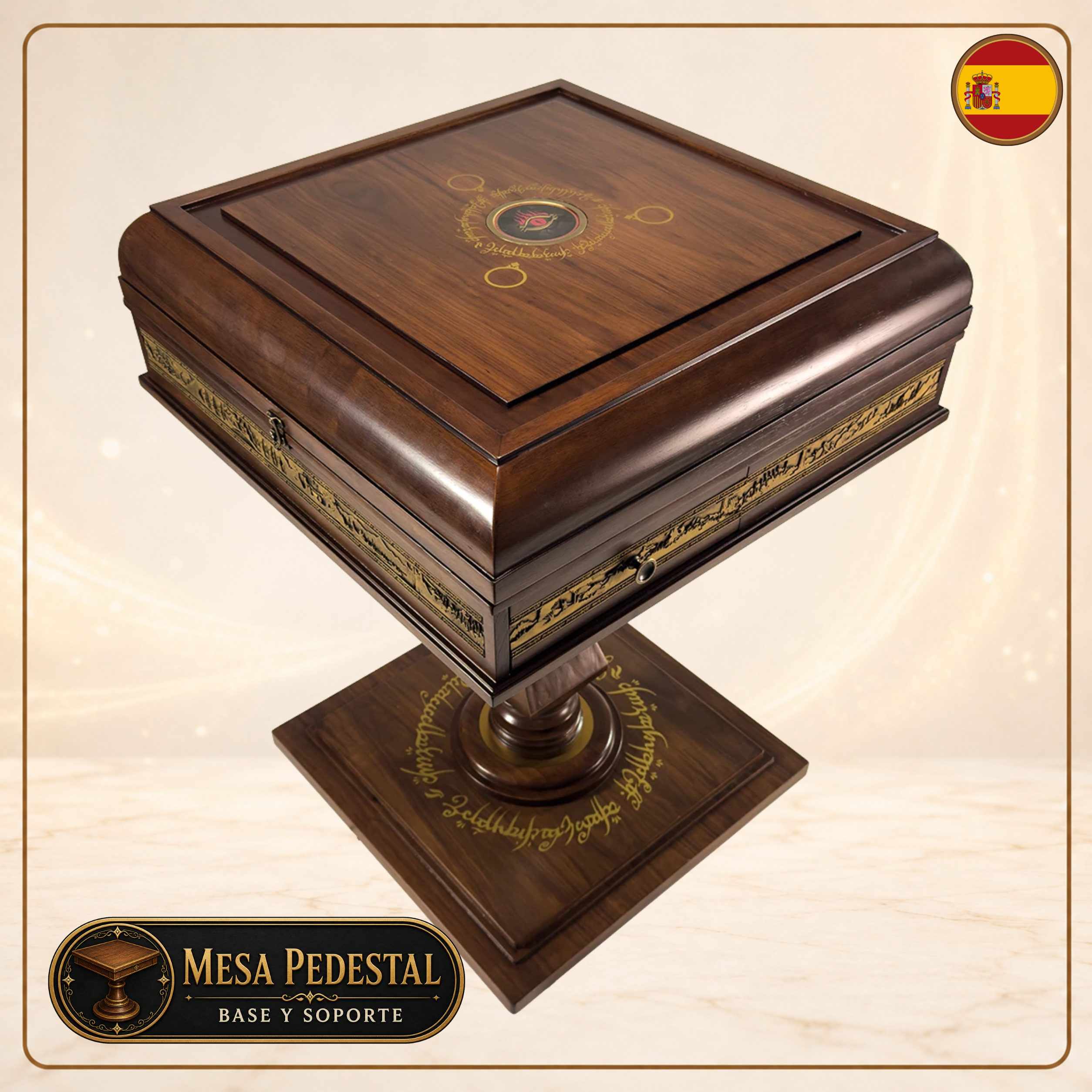 Mesa pedestal cerrada con acabado de madera para The Lord of the Rings: The Confrontation
