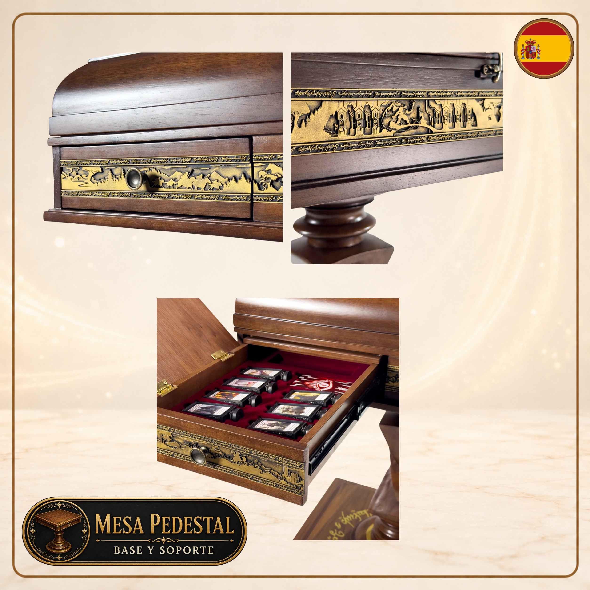 Detalles de almacenamiento y acabados de la mesa pedestal de The Lord of the Rings: The Confrontation