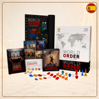 Caja, libros, monedas y componentes de World Order All-In