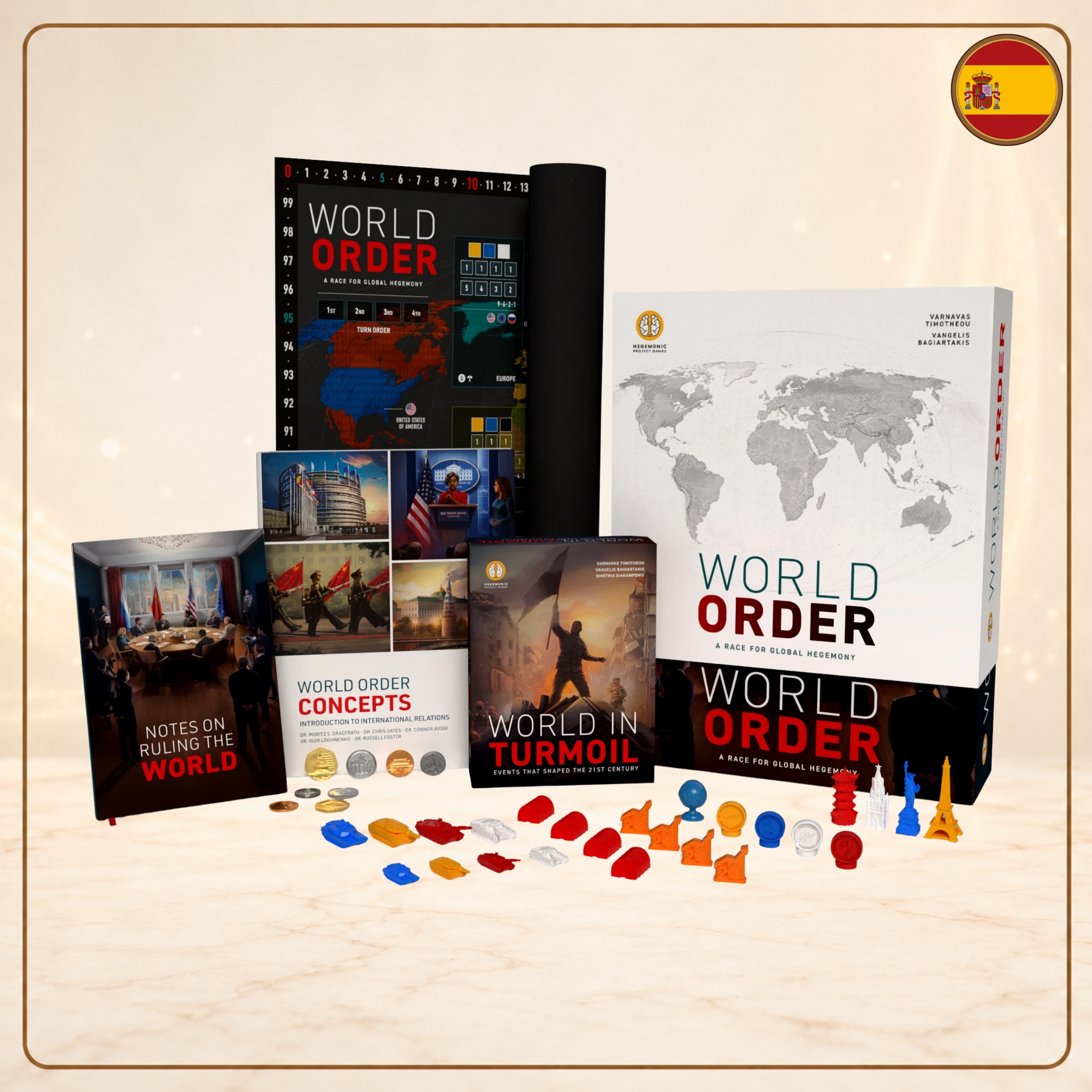 Caja, libros, monedas y componentes de World Order All-In