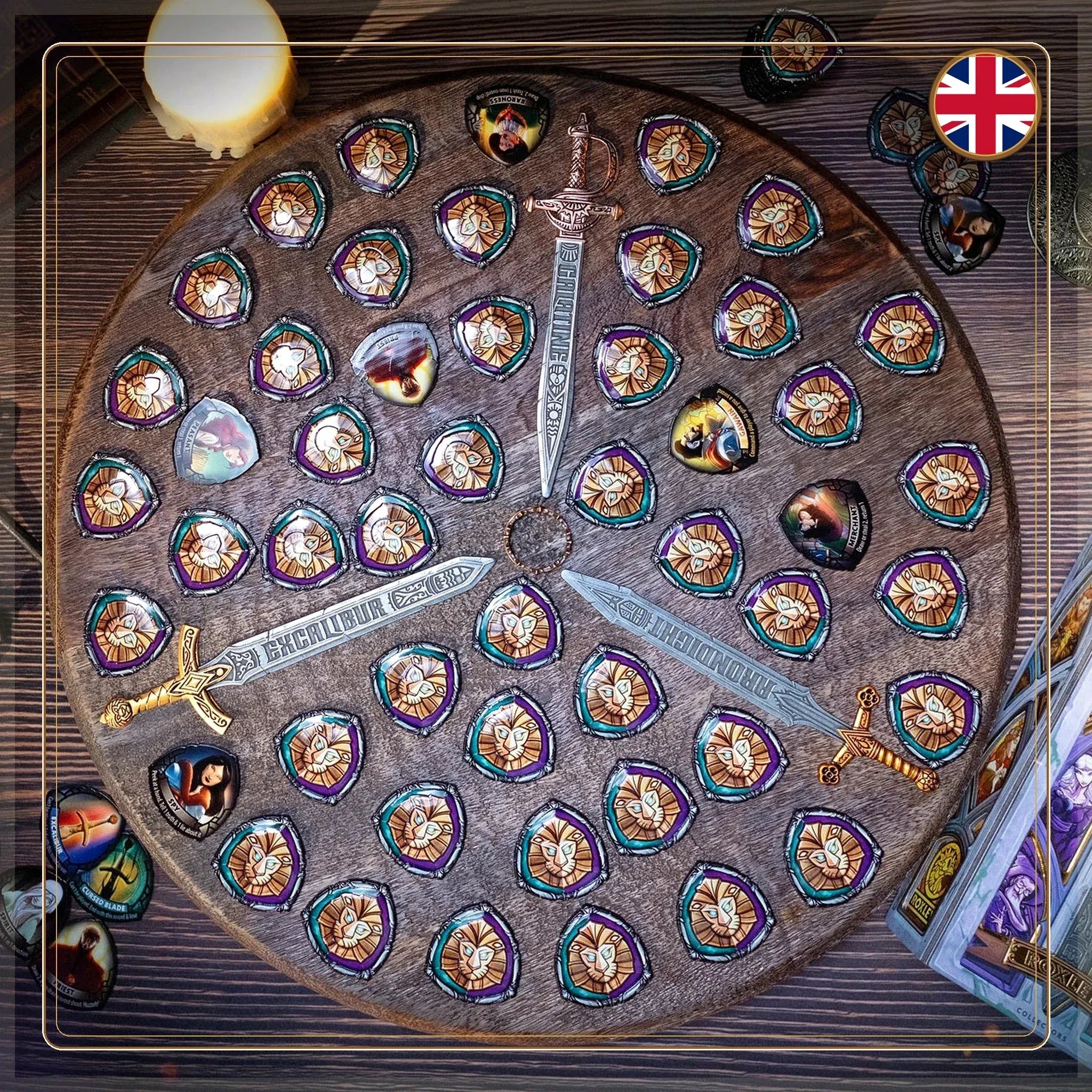 Excalibur Edicion Coleccionista en ingles, componentes desplegados del juego de mesa Roxley