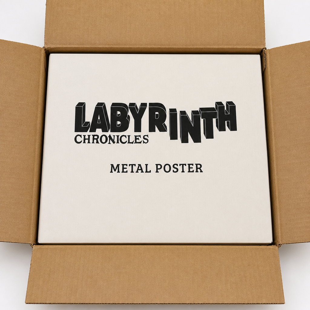 Labyrinth Chronicles All-In, empaque del póster metálico dentro de la caja de envío